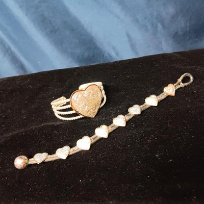 SILVER PLATED HEART CUFF BRACELET AND LEATHER BRACELET WITH METAL CONCHOS
