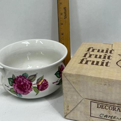 Sale Photo Thumbnail #504: Vintage Miniature Chamber Pot c.1960s Portmeirion Decorative Pottery- Ceramic English Rose - Elegant Planter / Egg Basket - Made in England