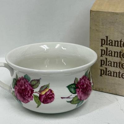Sale Photo Thumbnail #502: Vintage Miniature Chamber Pot c.1960s Portmeirion Decorative Pottery- Ceramic English Rose - Elegant Planter / Egg Basket - Made in England