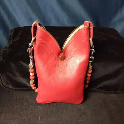 DESIGNS BY KARA REPURPOSED LEATHER BOOT PURSE WITH GLASS BEADED STRAP