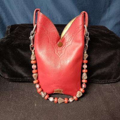 DESIGNS BY KARA REPURPOSED LEATHER BOOT PURSE WITH GLASS BEADED STRAP