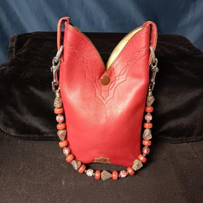 DESIGNS BY KARA REPURPOSED LEATHER BOOT PURSE WITH GLASS BEADED STRAP