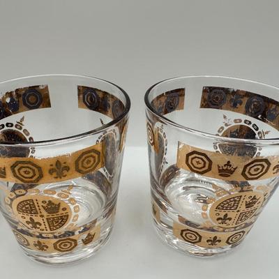 Vintage Glass Ice Bucket & 3 Glasses Gold Crown and Flu De lis Pattern