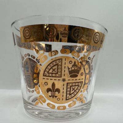 Vintage Glass Ice Bucket & 3 Glasses Gold Crown and Flu De lis Pattern