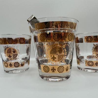 Vintage Glass Ice Bucket & 3 Glasses Gold Crown and Flu De lis Pattern