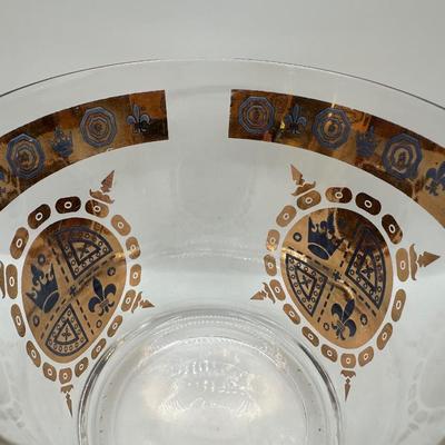 Vintage Glass Ice Bucket & 3 Glasses Gold Crown and Flu De lis Pattern