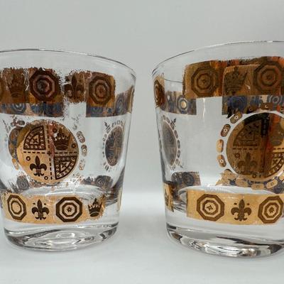 Vintage Glass Ice Bucket & 3 Glasses Gold Crown and Flu De lis Pattern