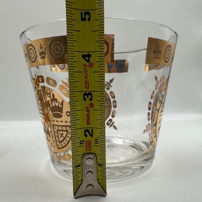 Vintage Glass Ice Bucket & 3 Glasses Gold Crown and Flu De lis Pattern