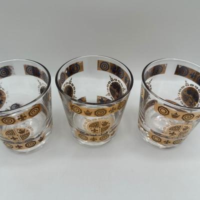 Vintage Glass Ice Bucket & 3 Glasses Gold Crown and Flu De lis Pattern