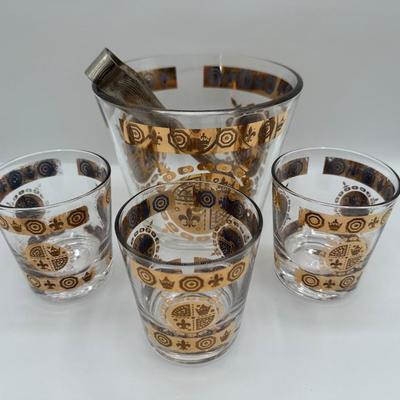 Vintage Glass Ice Bucket & 3 Glasses Gold Crown and Flu De lis Pattern