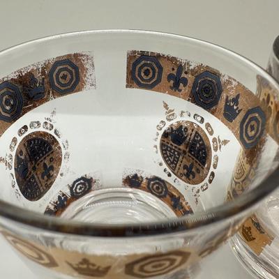 Vintage Glass Ice Bucket & 3 Glasses Gold Crown and Flu De lis Pattern