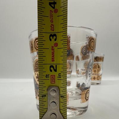 Vintage Glass Ice Bucket & 3 Glasses Gold Crown and Flu De lis Pattern