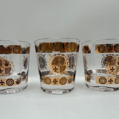 Vintage Glass Ice Bucket & 3 Glasses Gold Crown and Flu De lis Pattern