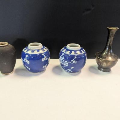 Chinese Cobalt Blue & White Ginger Jar & Brass Vases
