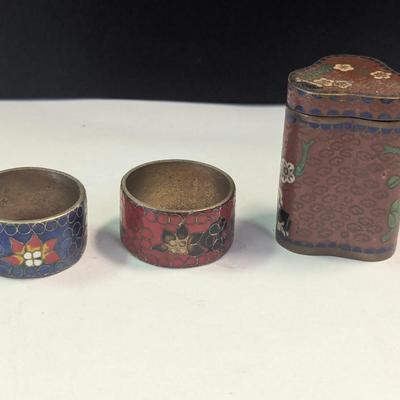 Vintage Chinese Cloisonne Bill Box & Napkin Rings