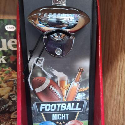 Football bottle opener and cookbook