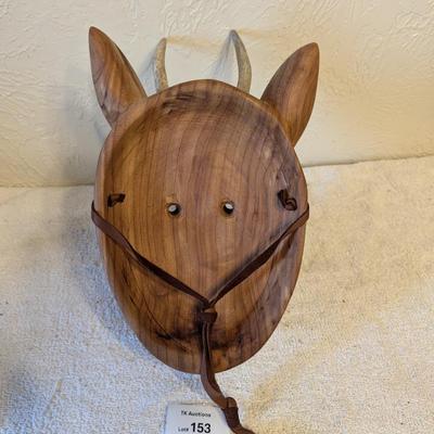 Hand carved redwood art mask with Antlers