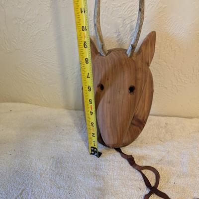 Hand carved redwood art mask with Antlers