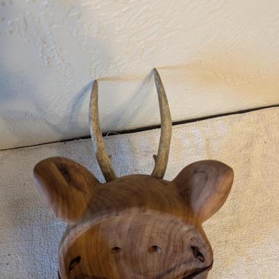 Hand carved redwood art mask with Antlers