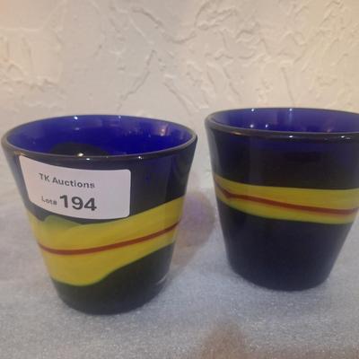 blue and yellow drinking glasses- blown glass