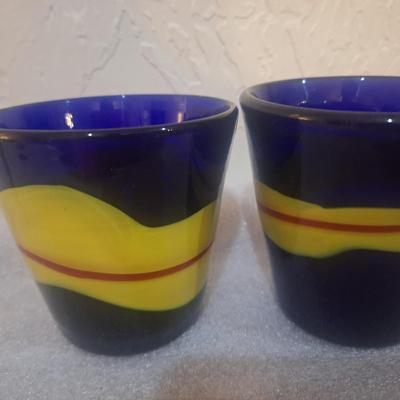 blue and yellow drinking glasses- blown glass