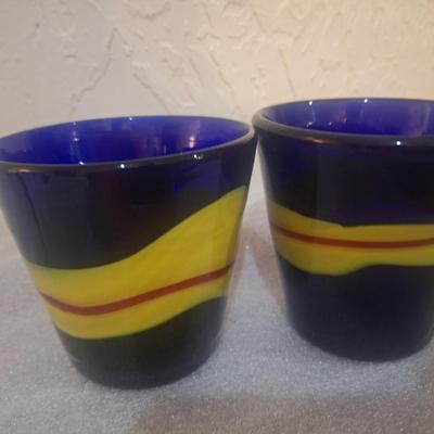 blue and yellow drinking glasses- blown glass
