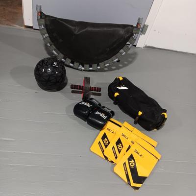 FOLDING MINI TRAMPOLINE, BOXING GLOVES, 10# MEDICINE BALL, ROLLER, 10# SAND BAGS? AND A DUFFLE BAG