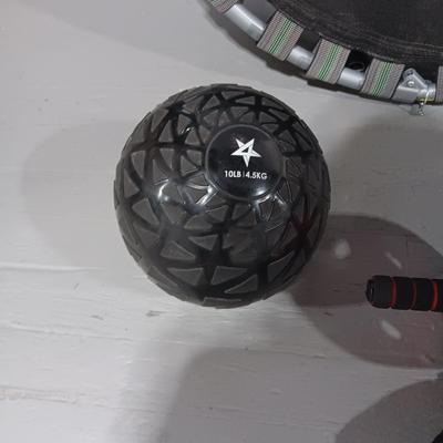 FOLDING MINI TRAMPOLINE, BOXING GLOVES, 10# MEDICINE BALL, ROLLER, 10# SAND BAGS? AND A DUFFLE BAG