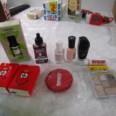 Sale Photo Thumbnail #44: Homemedics Peppermint essential oil, Bath & Body Works air fragrance refill, 3 bottles nail polish, 2 mini pkg of tissues, eye shadow, 2 lip balms