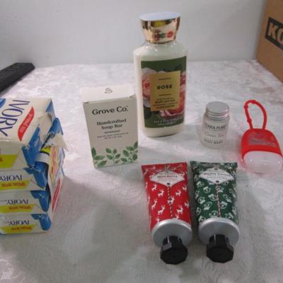 Sale Photo Thumbnail #53: 4 bars Ivory soap, hand sanitizer with purse hanger, Grove Co. Handcrafted soap bar-peppermint, Rose body lotion by Bath & Body Works, 2 tubes hand cream, green tea body wash