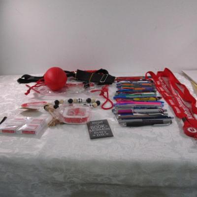 Sale Photo Thumbnail #66: 3 Lanyards, soft small football, pens, pencils, 2 carry straps, magnet, décor beads, earphones, staples, 11-in-1 wallet survival tool, clear bag, see pictures