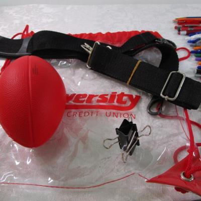 Sale Photo Thumbnail #73: 3 Lanyards, soft small football, pens, pencils, 2 carry straps, magnet, décor beads, earphones, staples, 11-in-1 wallet survival tool, clear bag, see pictures
