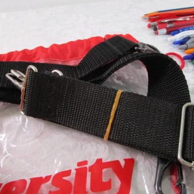 Sale Photo Thumbnail #74: 3 Lanyards, soft small football, pens, pencils, 2 carry straps, magnet, décor beads, earphones, staples, 11-in-1 wallet survival tool, clear bag, see pictures
