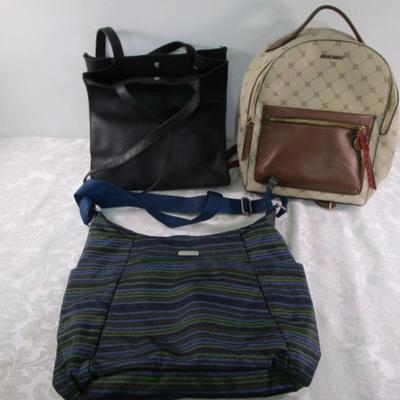 Sale Photo Thumbnail #193: Nine West is 12" tall x 4" deep at bottom x 9" wide; Black tote is 11" wide x 5" deep x 12" tall; Baggallini is 9-1/2" wide x 10" tall x 5" deep at bottom, sides are 6-1/2" wide