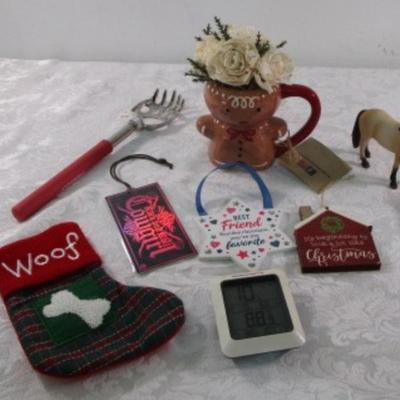 Sale Photo Thumbnail #260: New Gingerbread vase with flowers, small Christmas stocking, bookmark, Schleich  horse, hanger extenders, house ornament, star ornament, new extending back scratcher, Thermopro TP50 Digital hygrometer & indoor thermometer