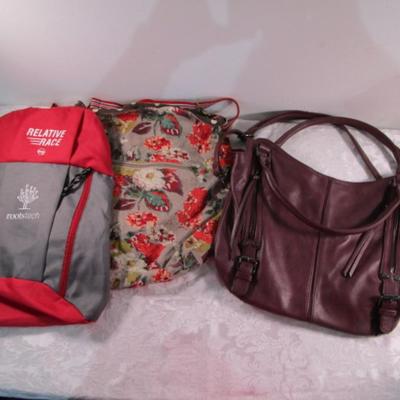 Sale Photo Thumbnail #330: Backpack is 18" tall x 12-1/2" wide x 6" deep; Tote is 16" tall x 15" wide x 3" deep; Realer bag is 12" wide x 16" tall x 5-3/4" deep