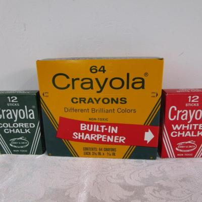 Sale Photo Thumbnail #458: Chalk is 12 sticks each (one box is white chalk, the other is colored), 64 pk of Crayola Crayons with sharpener