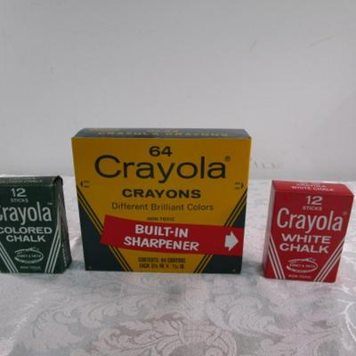 Sale Photo Thumbnail #468: Chalk is 12 sticks each (one box is white chalk, the other is colored), 64 pk of Crayola Crayons with sharpener