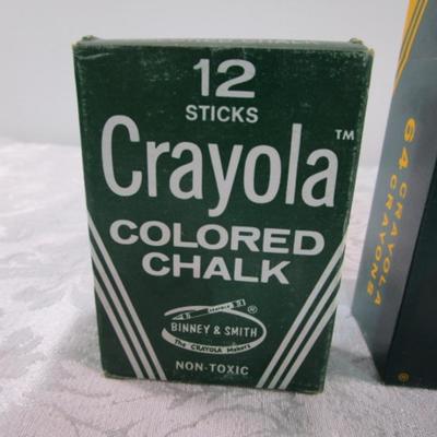 Sale Photo Thumbnail #469: Chalk is 12 sticks each (one box is white chalk, the other is colored), 64 pk of Crayola Crayons with sharpener
