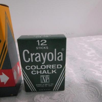 Sale Photo Thumbnail #486: Chalk is 12 sticks each (one box is white chalk, the other is colored), 64 pk of Crayola Crayons with sharpener