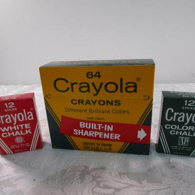 Sale Photo Thumbnail #483: Chalk is 12 sticks each (one box is white chalk, the other is colored), 64 pk of Crayola Crayons with sharpener