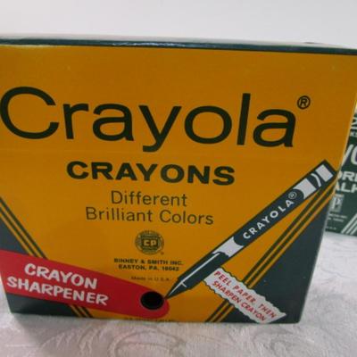Sale Photo Thumbnail #487: Chalk is 12 sticks each (one box is white chalk, the other is colored), 64 pk of Crayola Crayons with sharpener