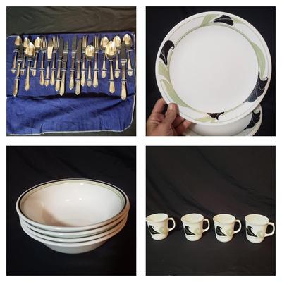 Corning Ware/Corelle "Black Orchid" Dish Set of Four W/ Oneida Flatware (K-KD)