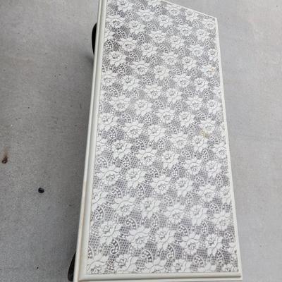 Patterned wood and iron coffee table