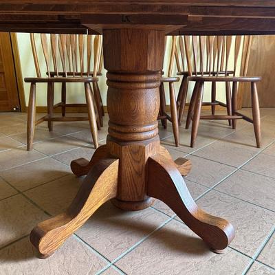 Solid Oak Pedestal Dining Table with Six Windsor Chairs