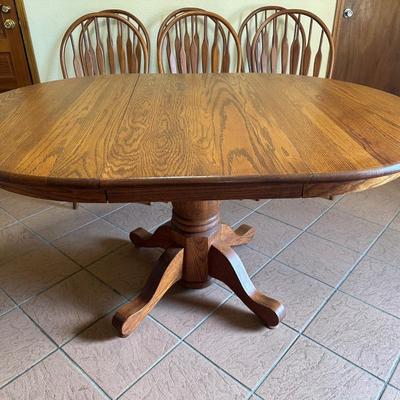 Solid Oak Pedestal Dining Table with Six Windsor Chairs