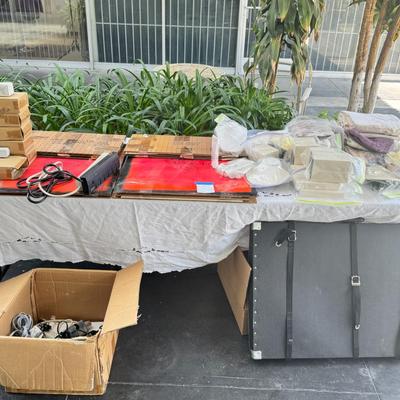 Sale Photo Thumbnail #3: This is the kind of set up you need to sell at a crafts show booth. You get the large fabric to cover the tables, a large gold and glass show case with mirror back in its carrying case. a large glass case, 22X24  and the hardware to put it together. high 