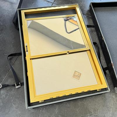 Sale Photo Thumbnail #24: This is the kind of set up you need to sell at a crafts show booth. You get the large fabric to cover the tables, a large gold and glass show case with mirror back in its carrying case. a large glass case, 22X24  and the hardware to put it together. high 