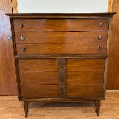 Bassett “Mayan” Mid Century Modern Highboy Vintage Dresser & Headboard