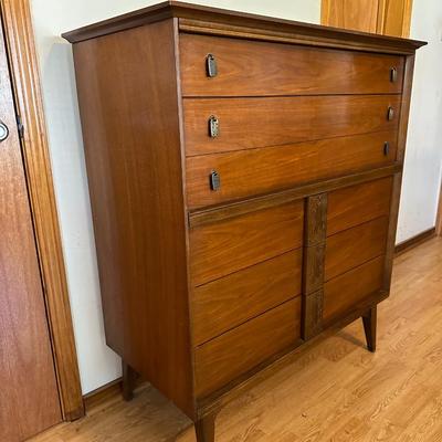 Bassett “Mayan” Mid Century Modern Highboy Vintage Dresser & Headboard
